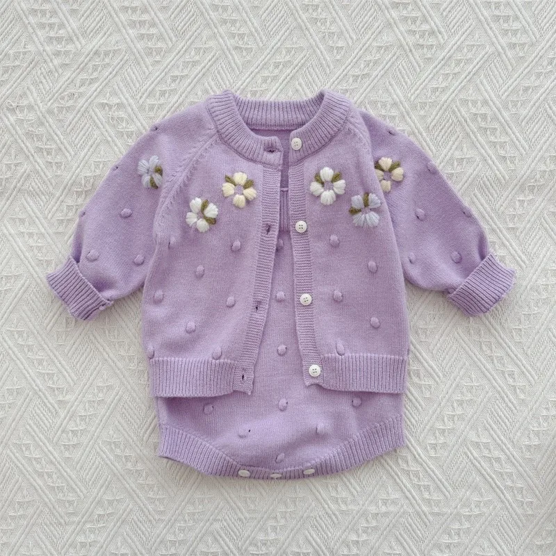 パンジーフラワー刺繍カーディガンサロペットロンパースセット
