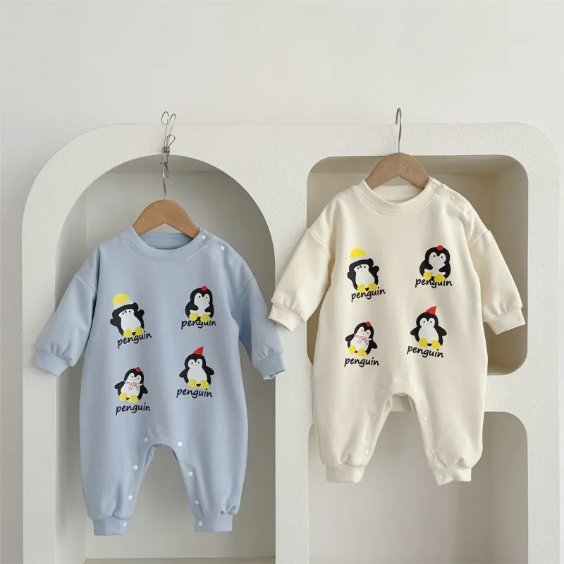 ペンギンフレンズプリント長袖ロンパース