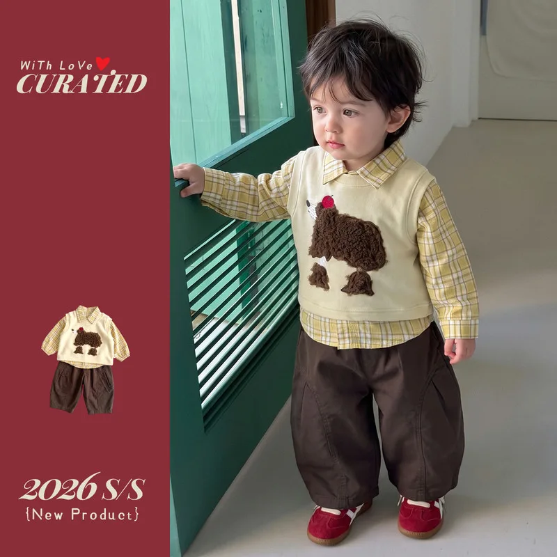 イエローチェックシャツベストパンツ3点セット