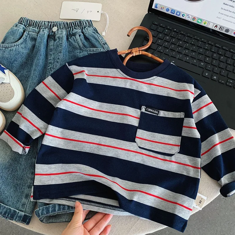 シナモンストライプポケット長袖Tシャツ
