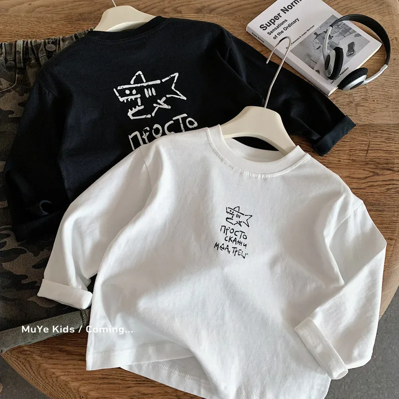 シャークグラフィックプリント長袖Tシャツ
