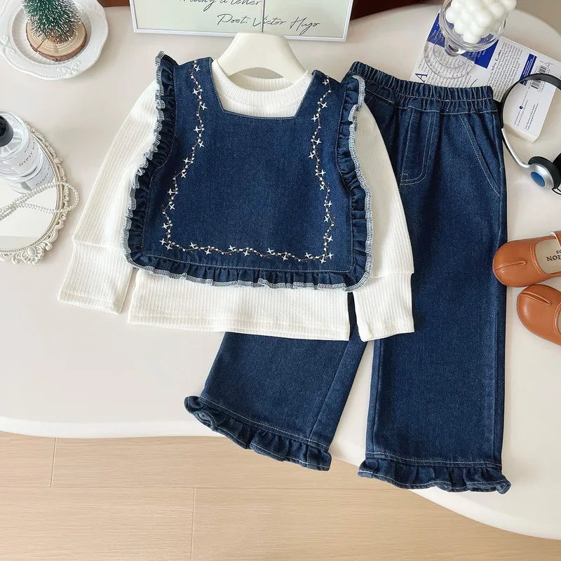 デニムベスト長袖Tシャツロングパンツ3点セット