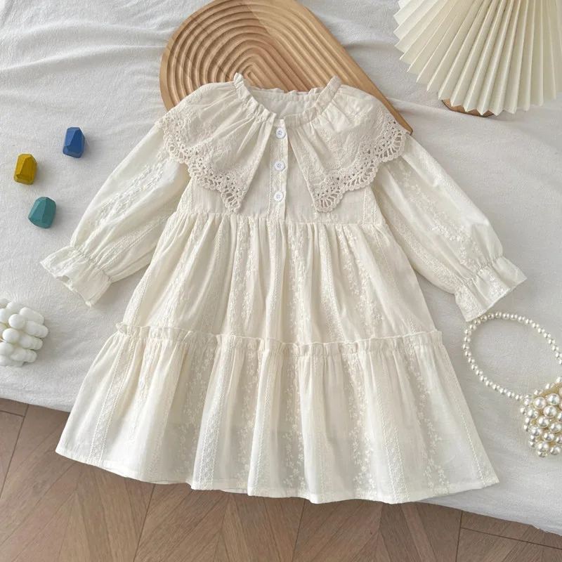 花柄刺繍レースビッグカラー長袖ワンピース