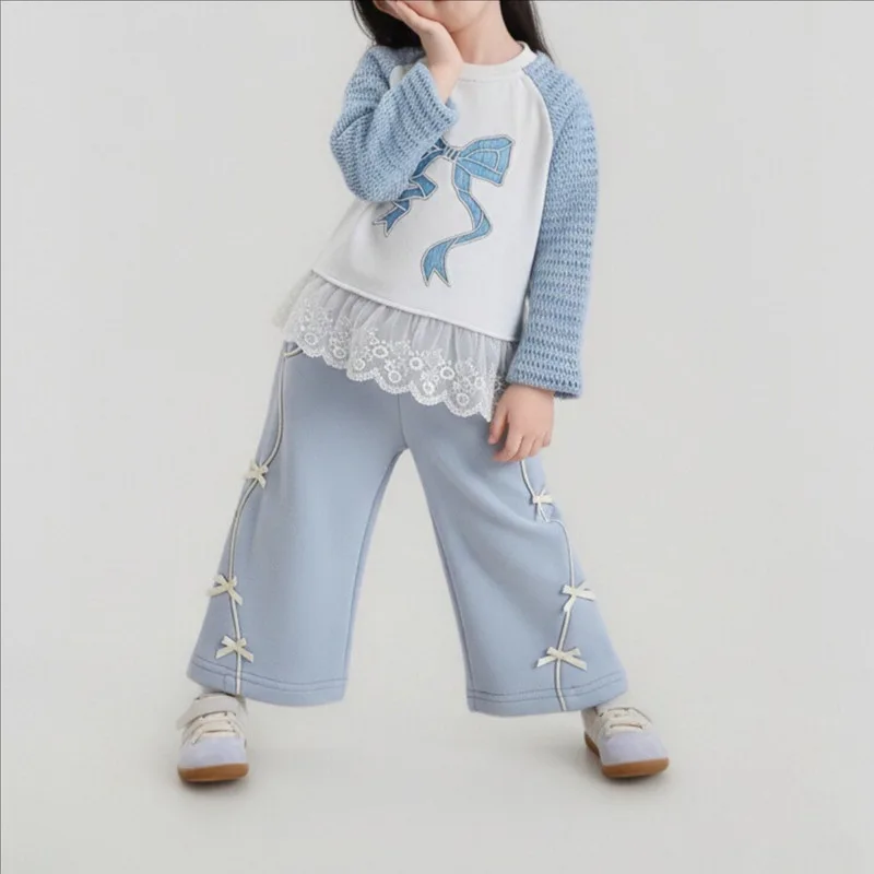 リボン裾レース配色ラグラン長袖Tシャツ