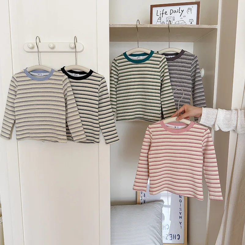 配色ネックストライプ長袖Tシャツ