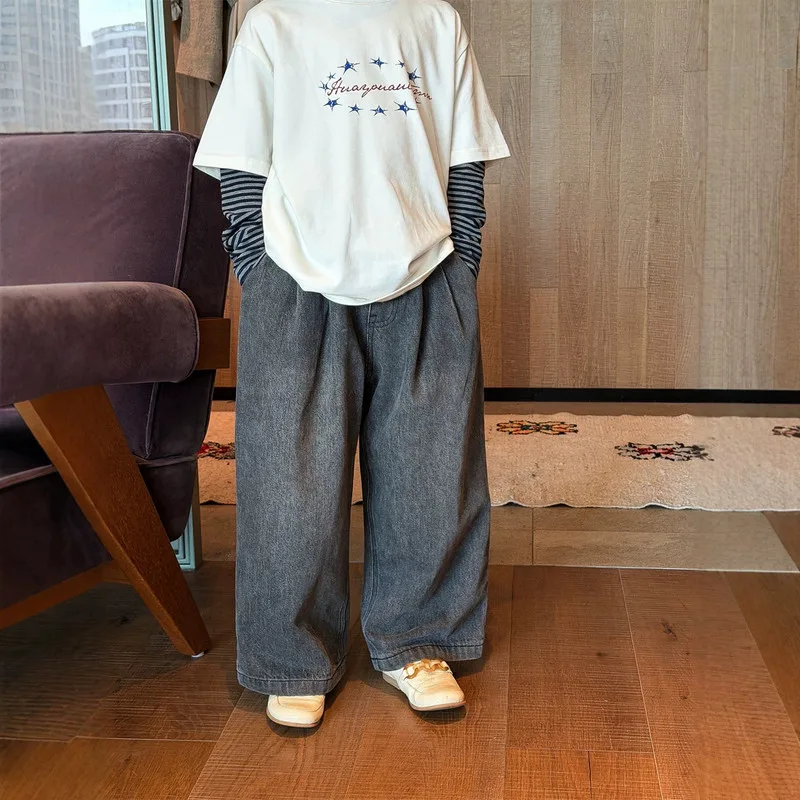 ラベルデザインウォッシュキッズストレートデニムパンツ