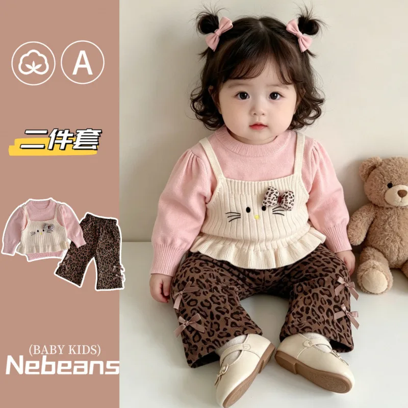 【セット】ヒョウ柄パンツネコモチーフニットセットアップ