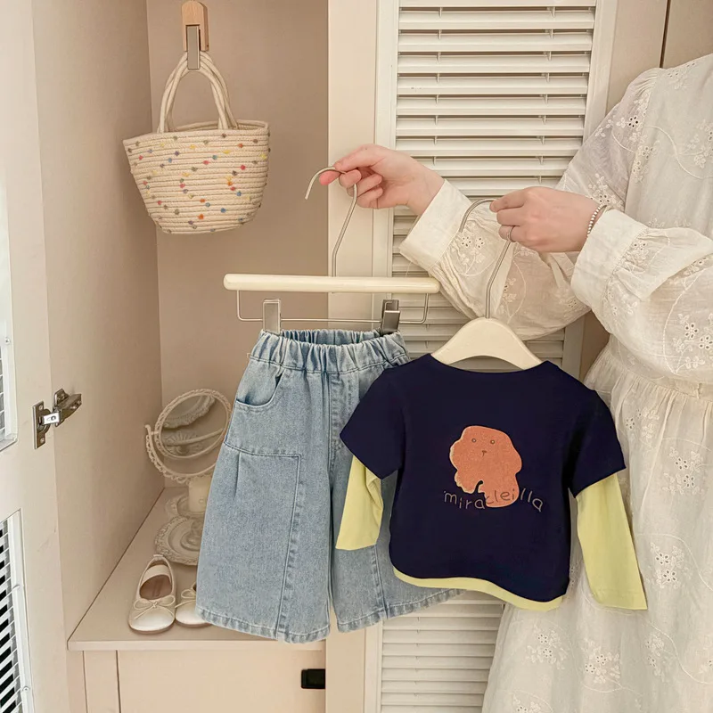 レトロ配色フェイクレイヤード長袖Tシャツ