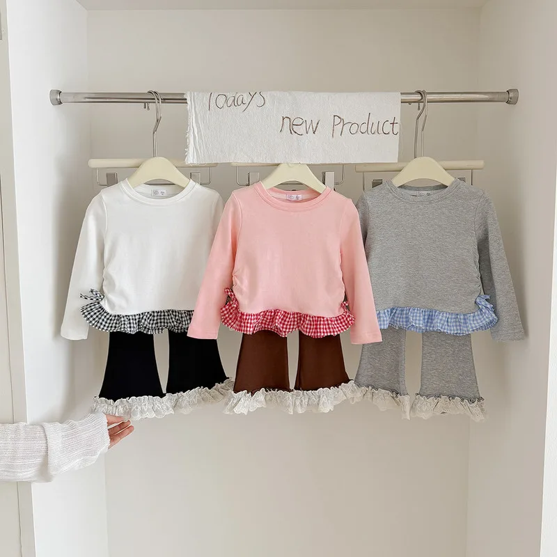 女の子チェック柄フリル切り替え長袖Tシャツ