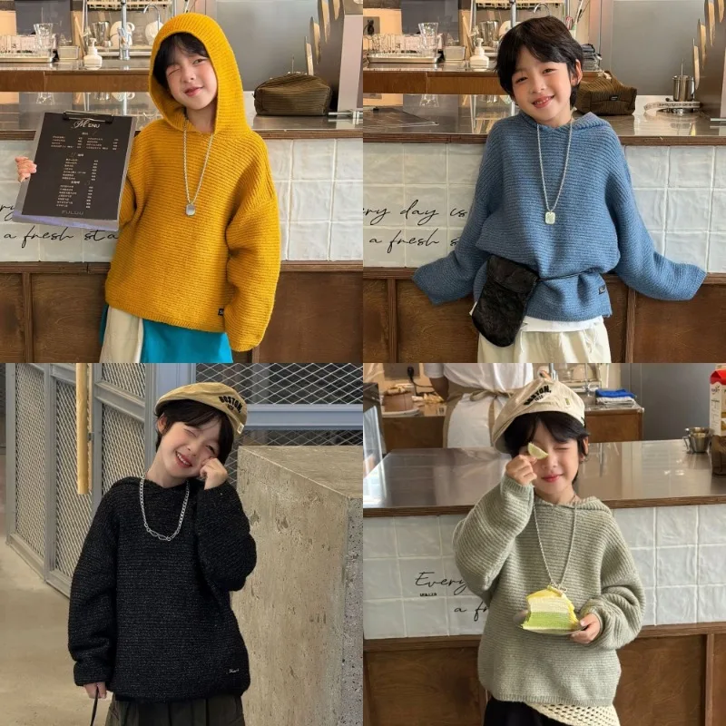 【KID】シンプル無地フーディー長袖ニットプルオーバー
