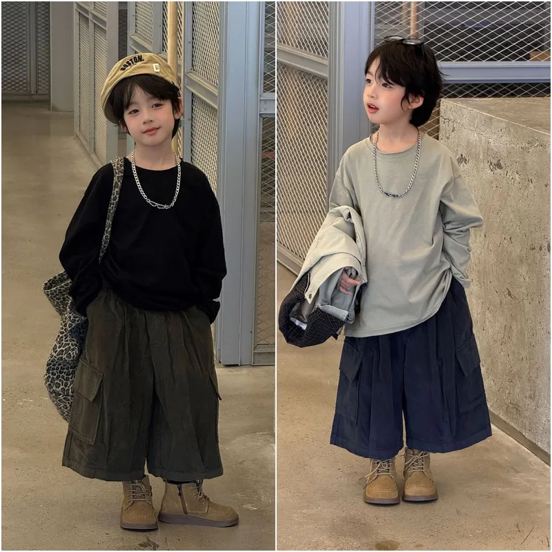 【KID】シンプル無地ラウンドネック長袖Tシャツ