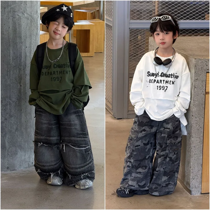 【KID】英字ロゴフェイクレイヤード長袖Tシャツ