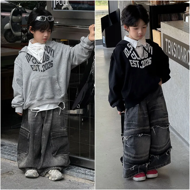 【KID】英字ロゴフェイクレイヤードフード付きスウェット