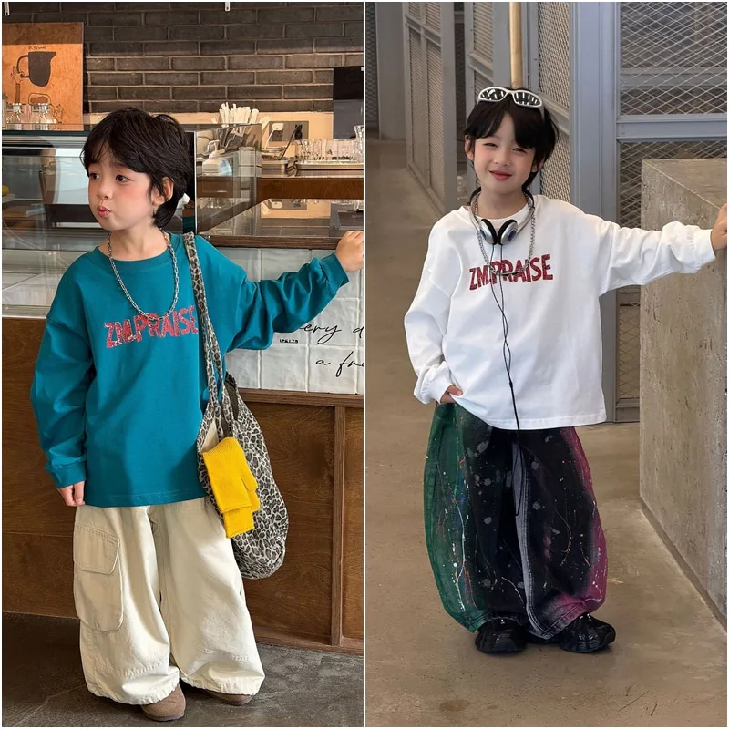 【KID】シンプル英字ロゴ無地クルーネック長袖Tシャツ