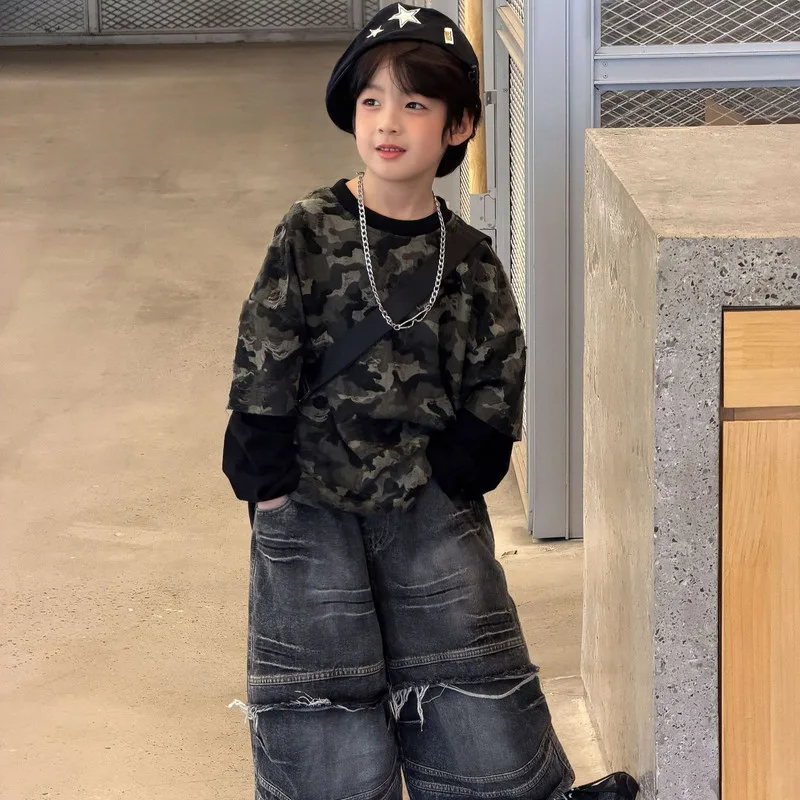 【KID】迷彩ダメージ加工切り替え長袖Tシャツ