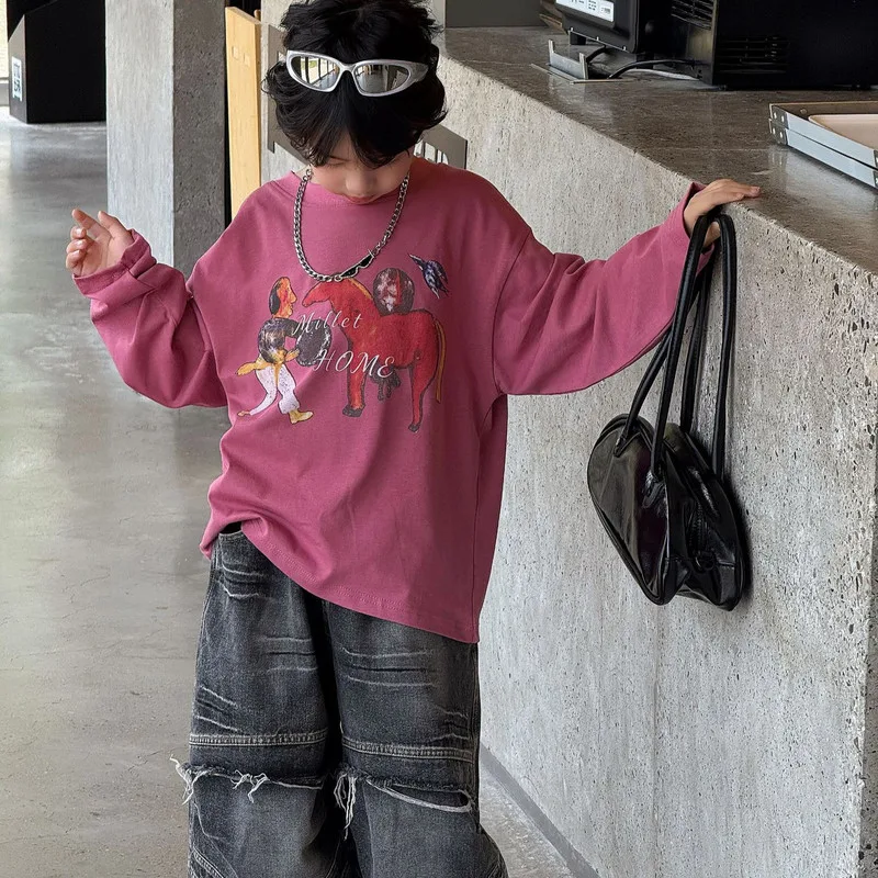 【KID】カートゥーンプリント長袖コットンTシャツ