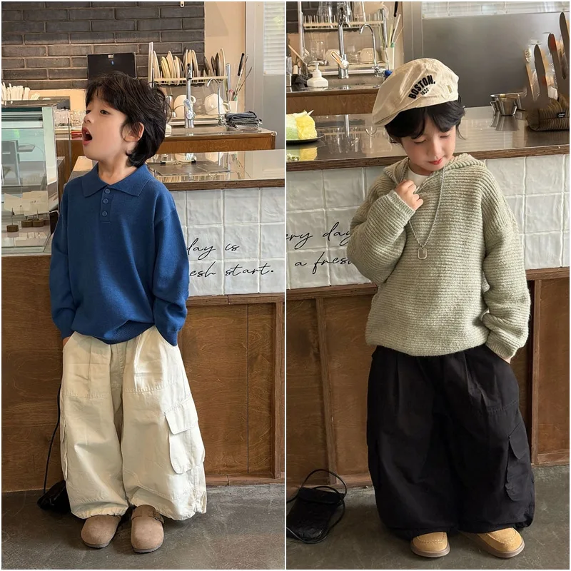 【KID】男の子無地カジュアルロングカーゴパンツ