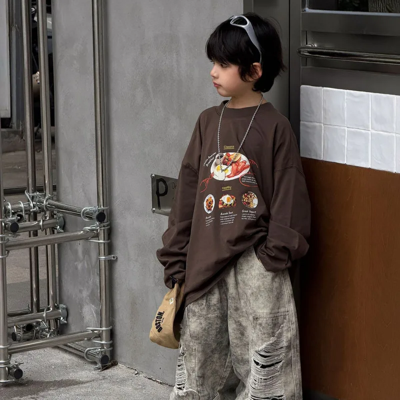 【KID】アメカジ風カートゥーンプリント長袖Tシャツ