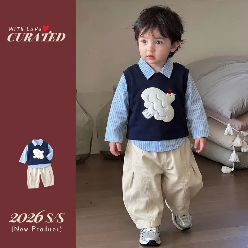 ストライプシャツネイビーベストパンツ3点セット