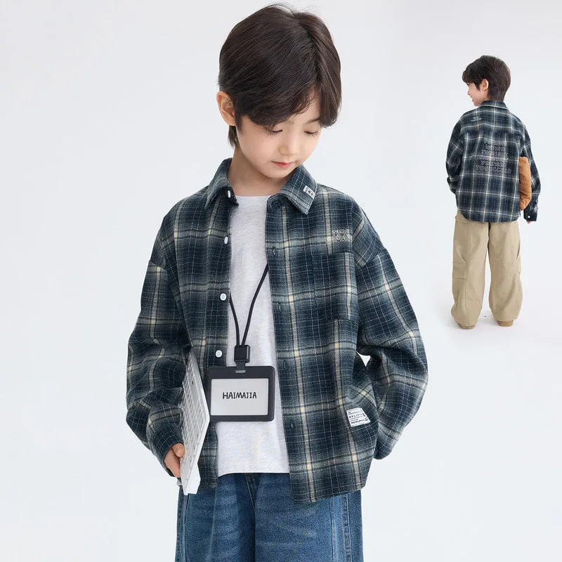 ネイビーチェック起毛長袖キッズシャツ