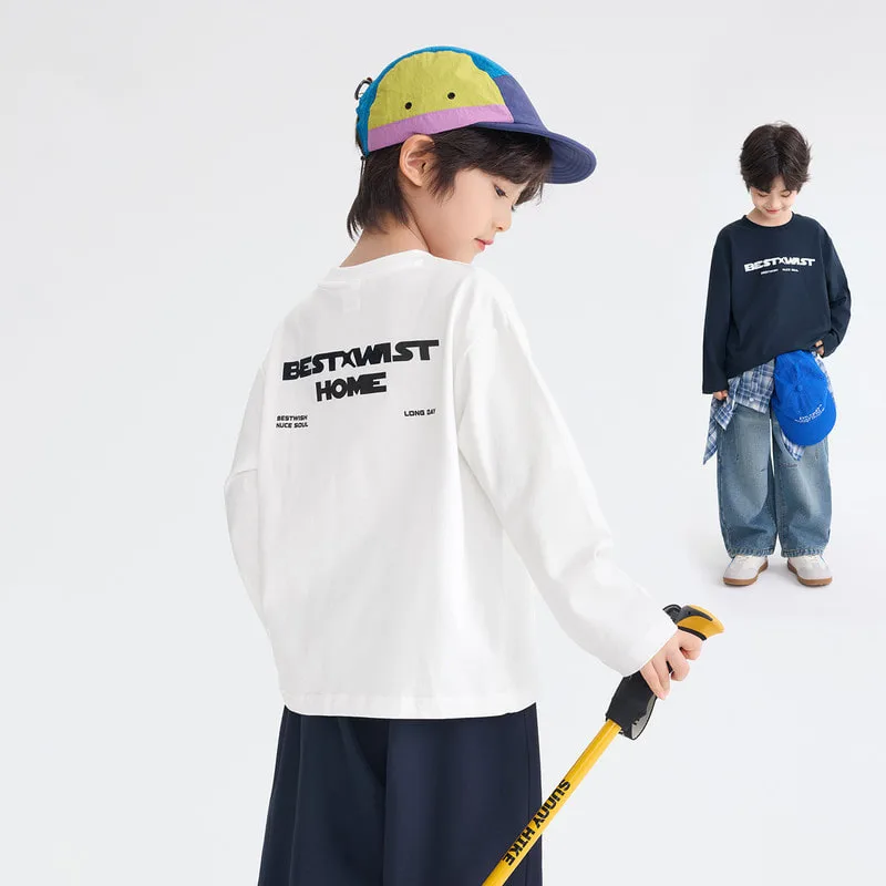 アルファベットプリント長袖ラウンドネックTシャツ
