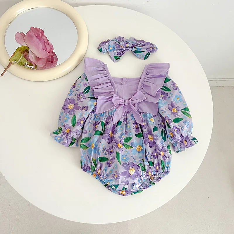【BABY】バブルフラワーフリルリボン長袖ロンパース