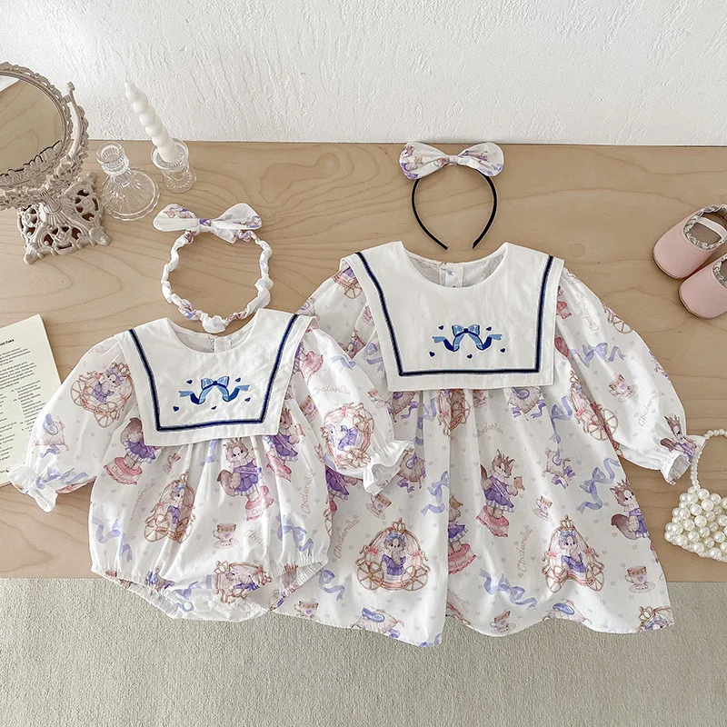 【リンクコーデ】ブルーリボン刺繍セーラー襟ロンパース／ワンピース