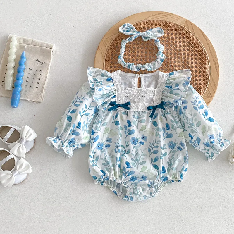 【BABY】リーフフラワーフリルレース長袖ロンパース