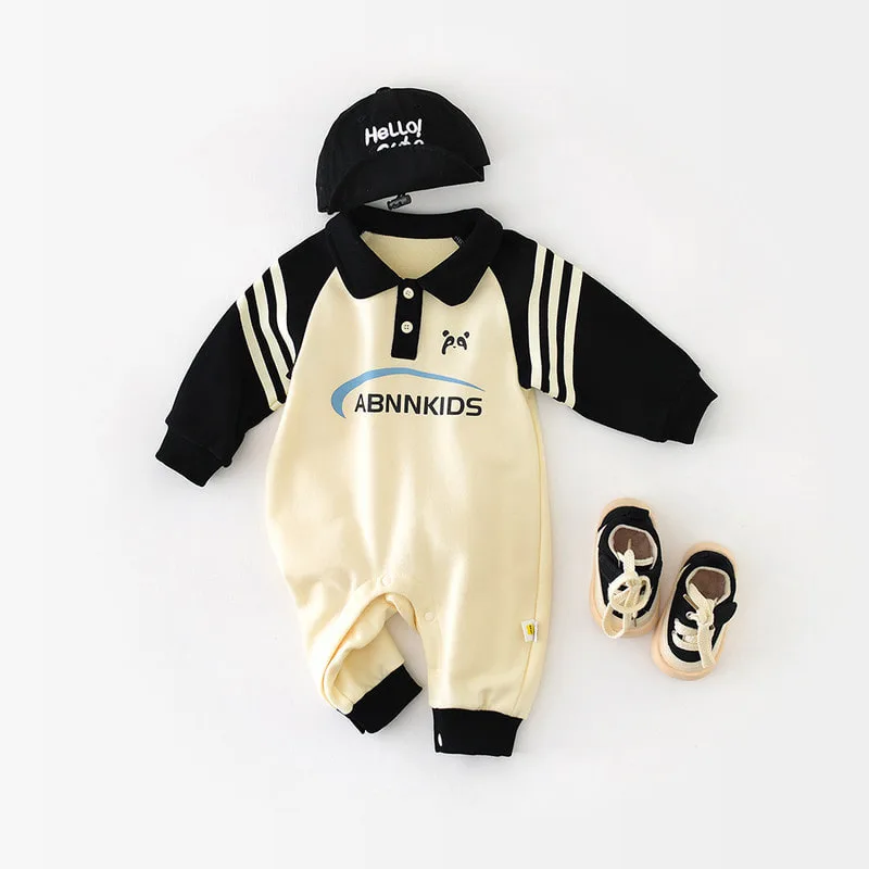 【BABY】バイカラーポロ襟ラグラン長袖ロンパース