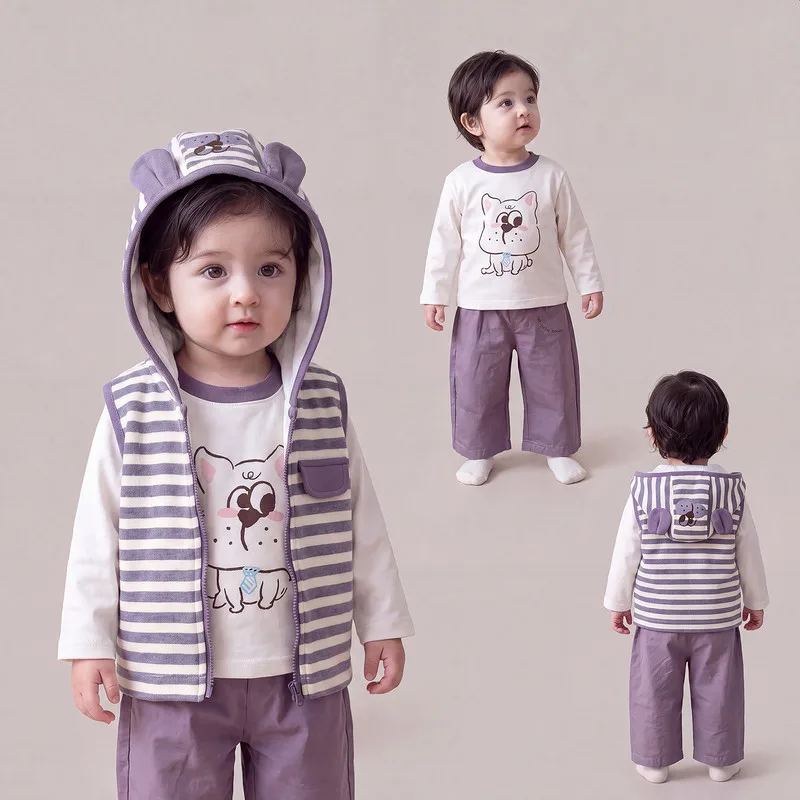 【セット】パピープリントTシャツストライプベストパンツ3点セット