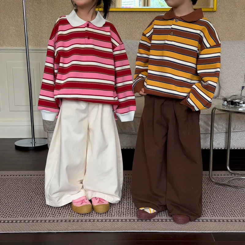【KID】シンプル無地ゆったりワイドロングパンツ