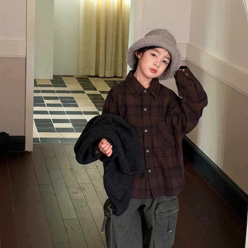【KID】ブラウンチェック長袖襟付きカジュアルシャツ
