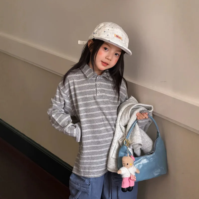 【KID】ストライプ柄長袖襟付きポロシャツ