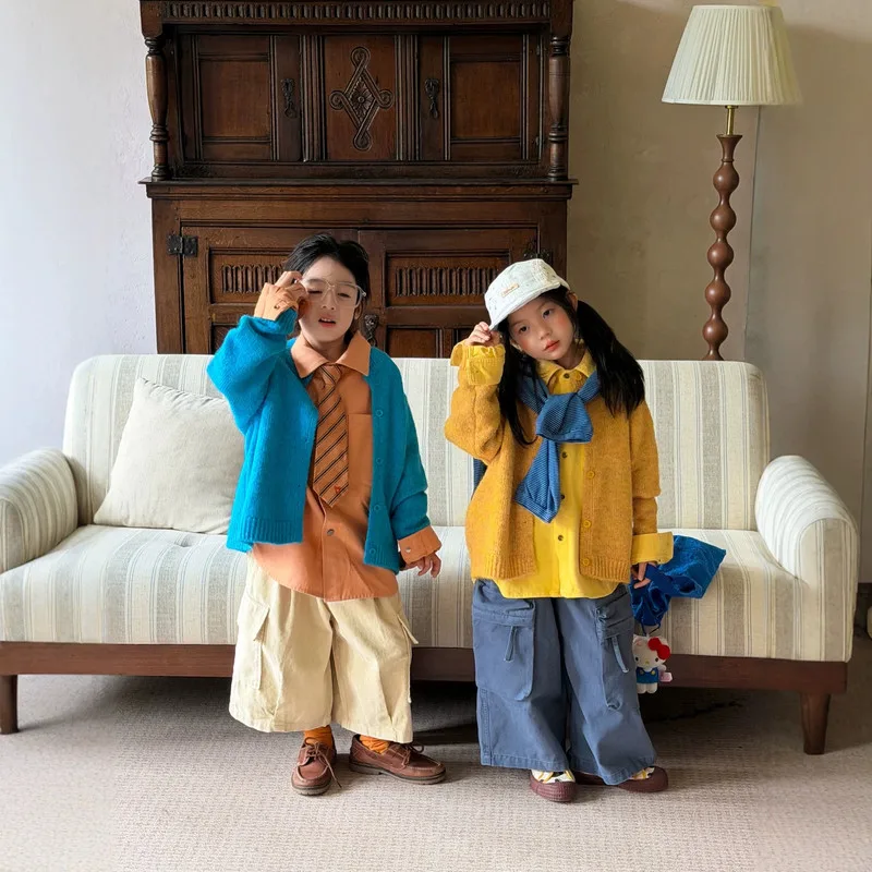 【KID】シンプル無地クルーネックニットカーディガン