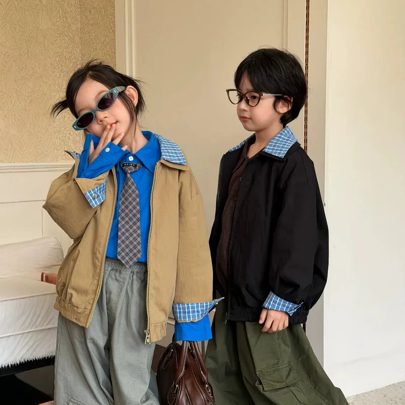 【KID】チェック柄切替レイヤード風ジップアップジャケット
