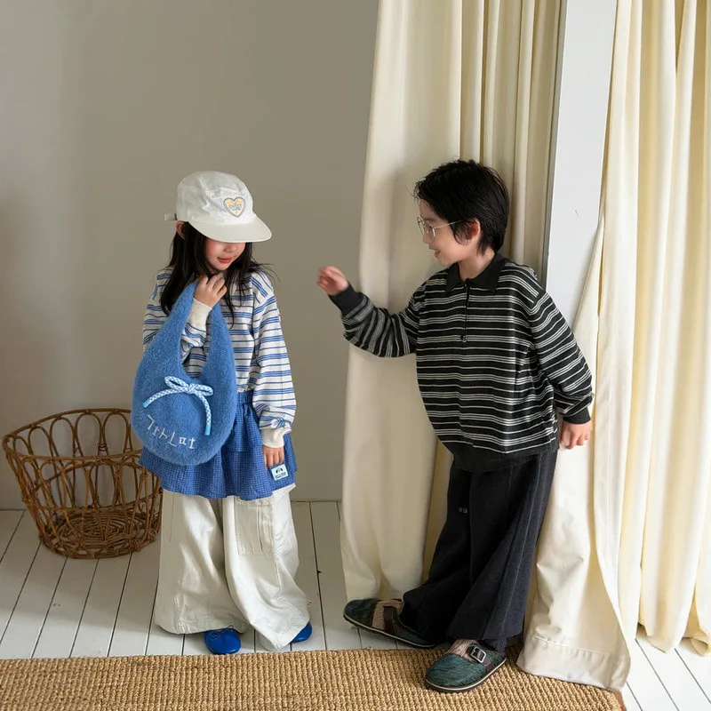 【KID】ストライプポロ襟長袖ニットプルオーバー