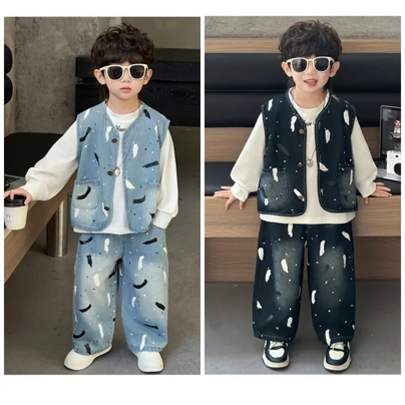 ペイントデニムベスト長袖Tシャツ長ズボン3点セット