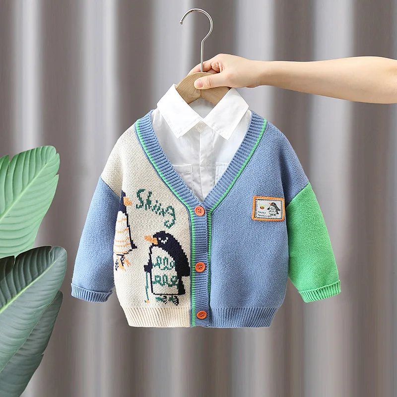 【KID】ペンギンモチーフ配色ニットカーディガン