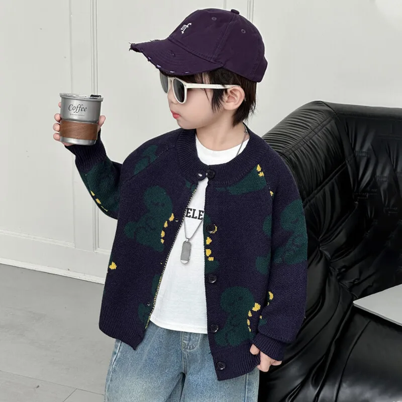 【KID】バブル総柄クルーネック長袖ニットカーディガン