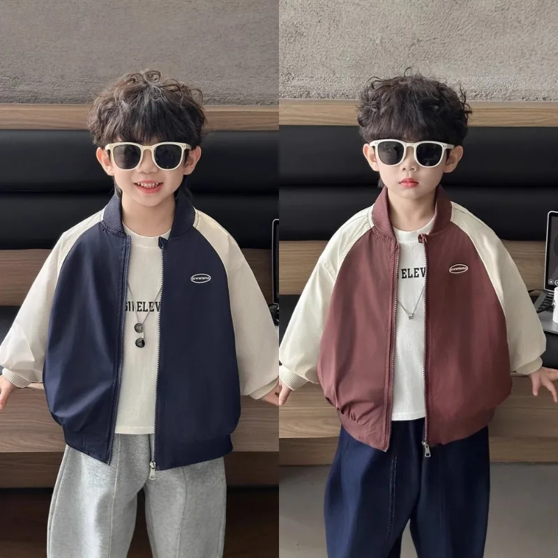 【KID】英字バックプリントバイカラースタジャン風ジャケット