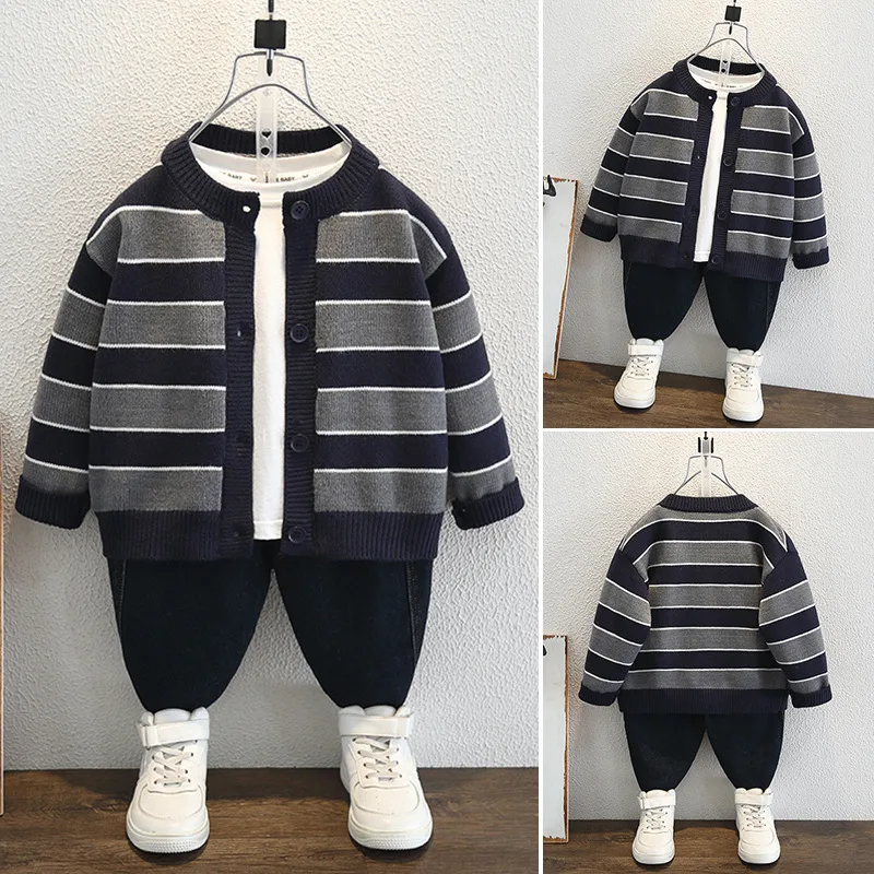 【KID】グレーストライプ長袖ニットカーディガン