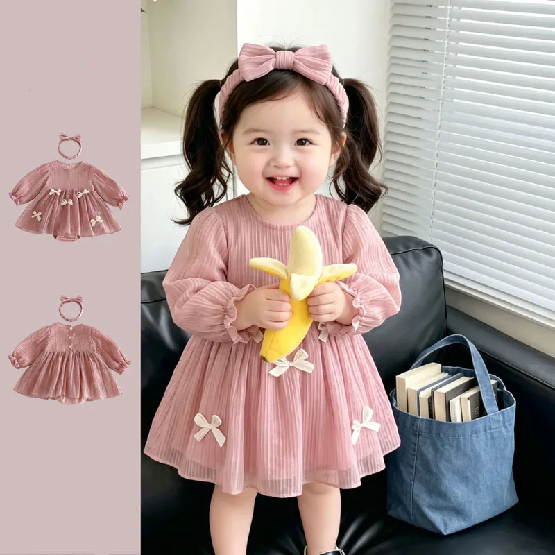 【BABY】ピンクスターリボン長袖チュールロンパース