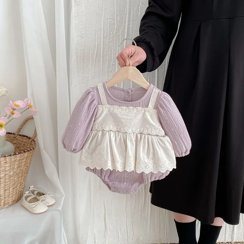 【BABY】レース切り替えドット長袖ロンパースドレス
