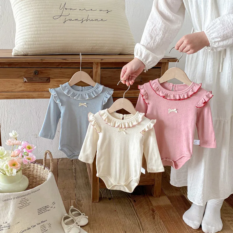 【BABY】リボンダイヤ柄フリルロンパース
