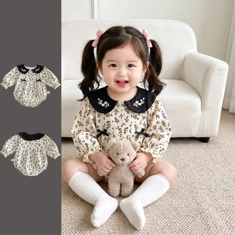 【BABY】ブラックリーフ総柄刺繍丸襟リボンロンパース