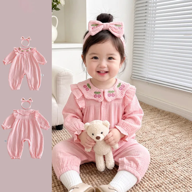【BABY】ピーチチェリー刺繍フリル襟ロンパース