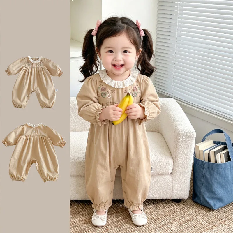 【BABY】スカラップレース襟花柄刺繍長袖ロンパース