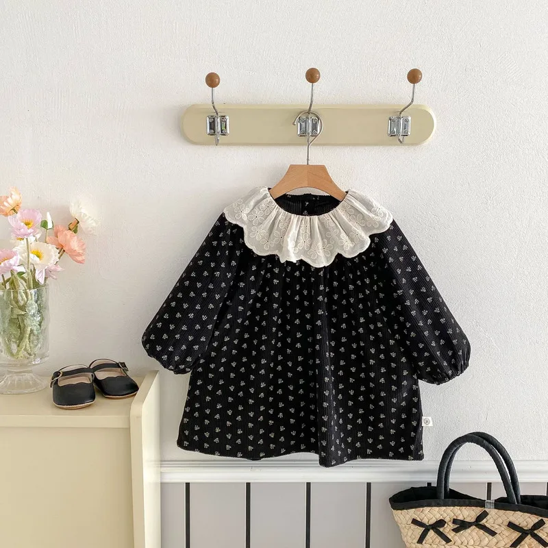 【BABY】レトロ小花柄刺繍レースビッグカラー長袖ワンピース