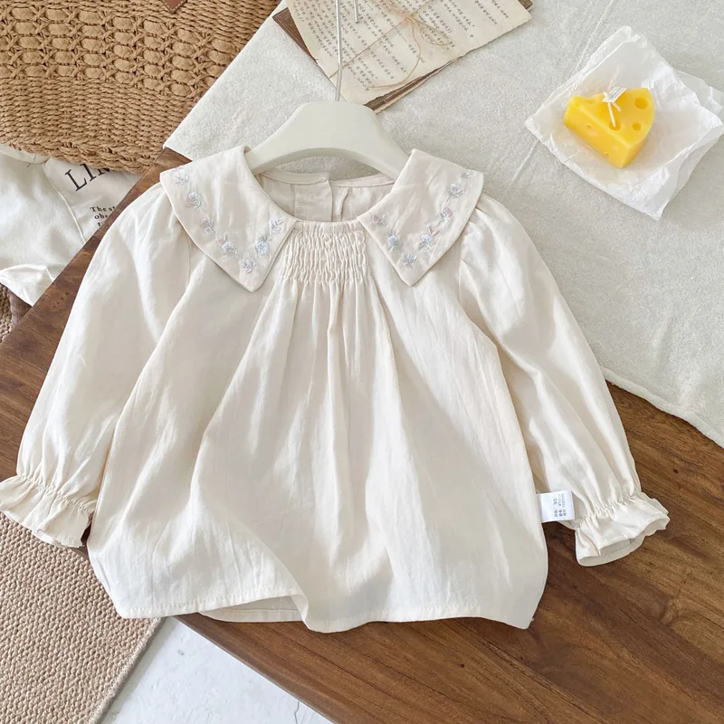 【BABY】フラワー刺繍襟付きシャーリングブラウス