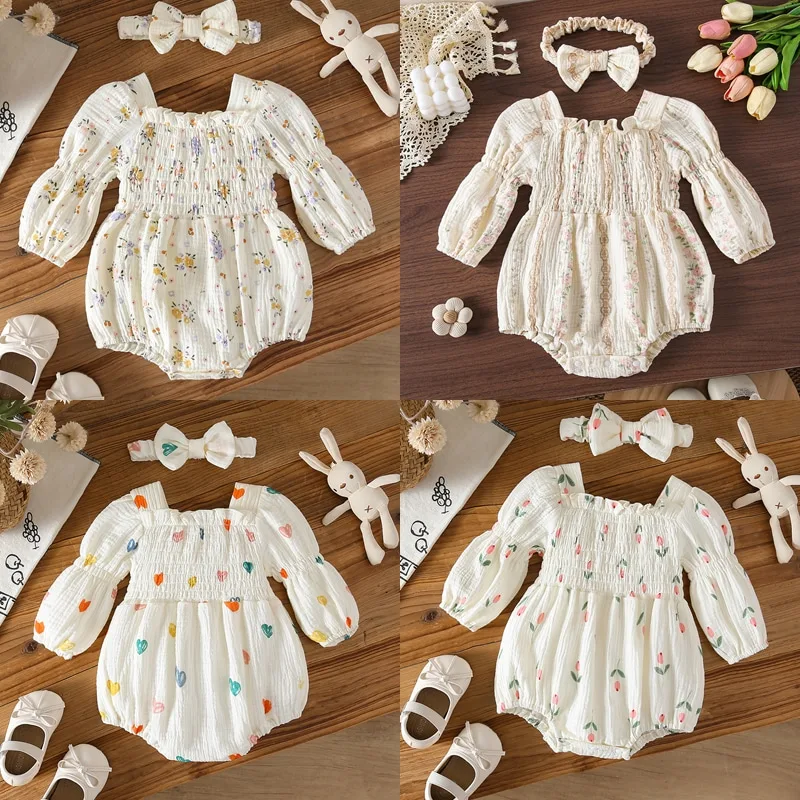 【BABY】シャーリングフラワーハート長袖ロンパース